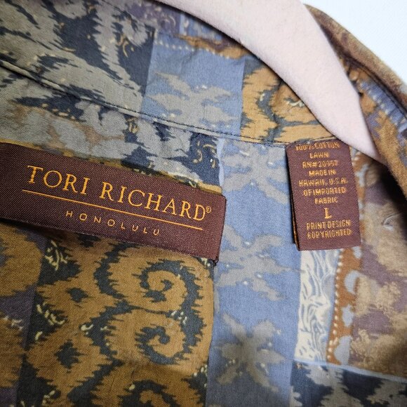 Tori Richard Honolulu Patchwork Button-Front Shirt L‎ Cotton Brown Blue Tropical - Picture 3 of 7